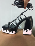 Flame Pattern Applique Square-toe Chunky High Heel Fashion Platform Sandals With Self-tie