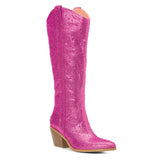 Sparkly Rhinestone Round Toe Zipper Slanted Heel Western Mid Calf Boots In Pink Gold Black