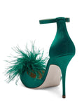 Green Fluffy Stiletto Heeled Pumps With Pointed Toe Ankle Strap For Women