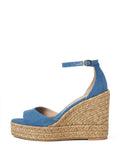 Blue Denim Open-toe Espadrille Wedge Sandals With Buckle Ankle Wrap