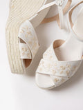 White Cross Bands Embroidery Open-toe Buckle Ankle Strap Espadrille Wedge Sandals
