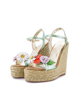 Vegan Leather Floral Single Band Open-toe Espadrille Wedge Sandals With Buckle Ankle Strap