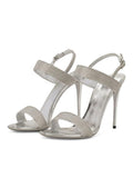 Silver Vegan Leather Two Bands With Rhinestones Round-Toe Stiletto Heel Slingback Sandals With Buckle