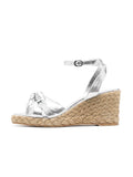 Silver Metallic Bright Surface Tie A Knot Open-toe Espadrille Wedge Sandals With Buckle Ankle Strap