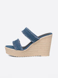 Denim Frayed Two Bands Open-toe Slip-on Espadrille Wedge Sandals