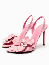 Vegan Leather Flower And Rhinestone Open-toe Pull on Stiletto High Heel Sandals With Slingback