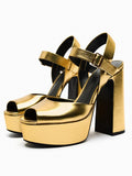 Gold Metallic Peep-toe Buckle Platform High Chunky Heel Sandals With Adjustable Strap