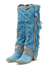 Faux Suede Cut-Out Fringe Lace Star Stitch Pointy Western Wide Mid Calf Boots - Blue, Green, Khaki & Black