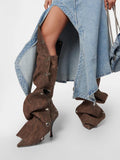Detachable Snap-off Panel Buttons Pointed Toe Zip Denim Knee High Boots
