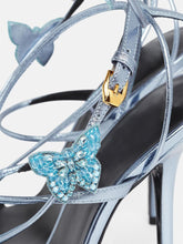 Metallic Blue Rhinestone Butterfly Herringbone Square Stiletto Heel Sandals Lace-Up Gladiators