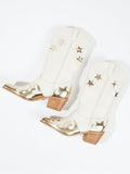 Off White Star Metallic Gold Applique Wide Mid Calf Boots Slanted Heeled Cowgirl Boots