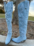 Denim Blue Embroidered Zipper Pointy Knee High Western Boots