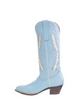 Baby Blue Embroidered Pointy Wide Mid Calf Western Boot With White Inlay