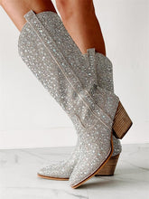 Rhinestone Pointy Wide Slip-on Mid-Calf Cowgirl Boots
