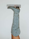 Denim Blue Embroidered Zipper Pointy Knee High Western Boots