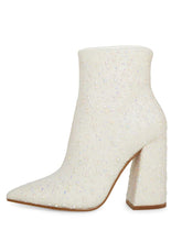 White Pearl Pointed Toe Block Heeled Ankle Boots For Women