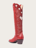 Red Embroidered Inlay Heart Wide Calf Knee High Boots Round Toe Heeled Cowgirl Boots