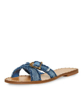 Frayed Denim Cross Strap Buckle Round Flats Slippers Sandals