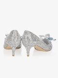 Silver Floral Rhinestone Slip-On Pointy Kitten Pumps For Women