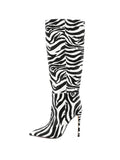 Zebra Stripes Mid-Calf Pointed-Toe Stiletto Heeled Boots