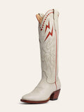 Contrast Lightning Stitch Slip-On Knee High Boots Round-Toe Chunky Heeled Cowgirl Boots