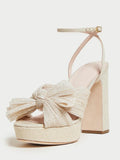 White Rhinestone Pleated Bow Heels For Wide Feet Block Heel Platform Sandals
