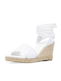 White Lace Single Band Open-toe Espadrille Wedge Sandals With Self-tie