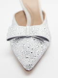 Womens Rhinestone Pumps Shoes Bow Glitter Stiletto High Heels Slip On Mules Sparkly Evening Party Bridal Shoes