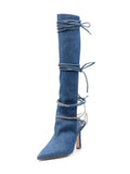 Slingback Strap Rhinestone Chain Denim Gladiator Pointed-Toe Mid Heel Over-The-Knee Boots For Women