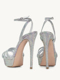 Silver Rhinestone Platform Stiletto Heeled Sandals With Round Toe Ankle Strap
