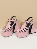 Studs And Cross Pendant Adjustable-strap Chunky High Heel Closed-Toe Cage Sandals With Platform