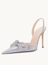 Silver Glitter Rhinestone Double Bow Slingback Pumps With Pointed Toe Stiletto Heel