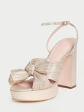 White Rhinestone Pleated Bow Heels For Wide Feet Block Heel Platform Sandals