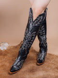 Black Embroidered Studs Rhinestone Snip Zipper Mid Calf Cowgirl Boots