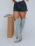 Denim Blue Embroidered Zipper Pointy Knee High Western Boots