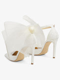 White Satin Crystal Pointy Stiletto Pumps With Asymmetrical Mesh Fascinator Bows