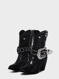 Rhinestone Studs Buckled Ankle Strap Pointy Zip Ankle Western Boots