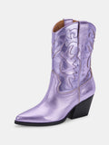 Metallic Purple Applique Pointy Slip-On Chunky Heeled Western Ankle Boots