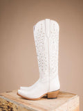 White Embroidered Stud Snip Zipper Mid Calf Cowgirl Boots