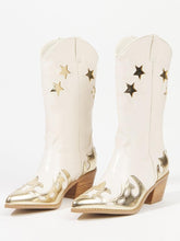 Off White Star Metallic Gold Applique Wide Mid Calf Boots Slanted Heeled Cowgirl Boots