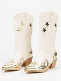 Off White Star Metallic Gold Applique Wide Mid Calf Boots Slanted Heeled Cowgirl Boots