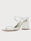 Metallic Silver Backless Slip-On Block Heeled Sandals With Square Toe Double Thin Strap