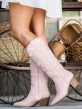 Pink Heart Embroidered Wide Mid Calf Boots Pointy Block Heeled Western Boots