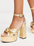 Knotted Square Toe Block Heeled Sandals With Buckle Ankle Strap Platform