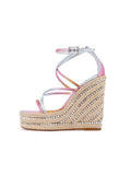Metallic Gradient Multi Bands Open-toe Rhinestone Espadrille Wedge Sandals With Buckle Ankle Wrap