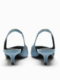 Distressed Denim Blue Stitch Pointy Kitten Slingback Pumps