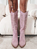 Pink Embroidered Pointed Toe Slanted Heel Cowgirl Mid Calf Boots