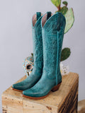 Turquoise Eagle Embroidered Knee High Western Boots With Snip Toe Zipper