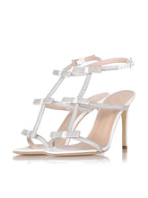 White Sparkly Rhinestone Bow Cross Strap Buckle Round Stiletto Heeled Sandals For Bride