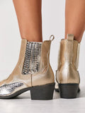 Metallic Lizard Applique Slip-On Pointy Women Cowboy Ankle Booties With Elastic Side Panel